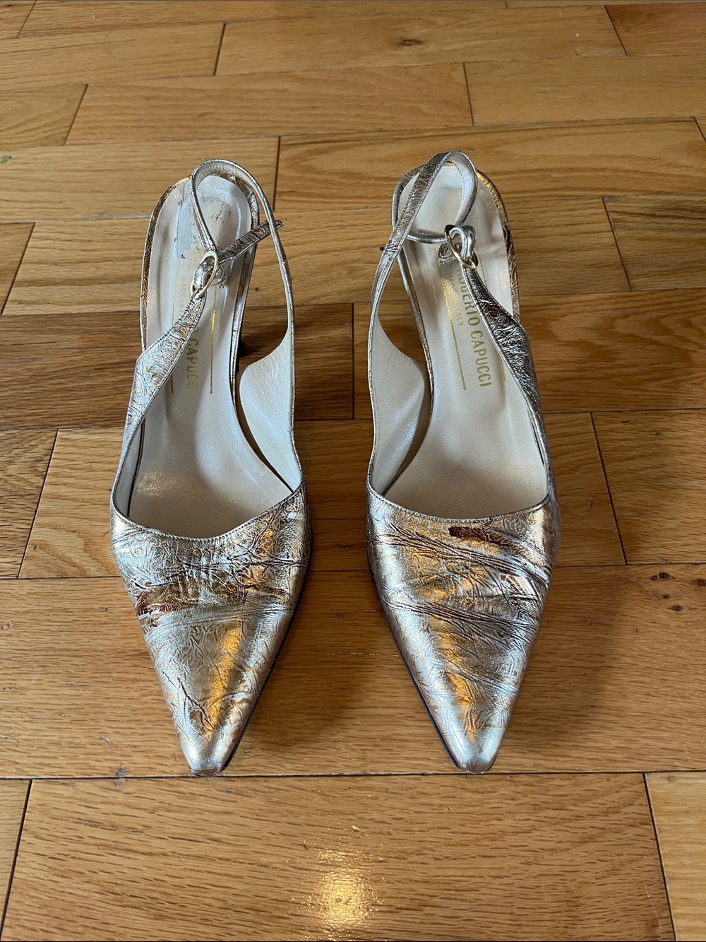 Metallic Slingback Pointed-Toe Heels by Roberto Capucci